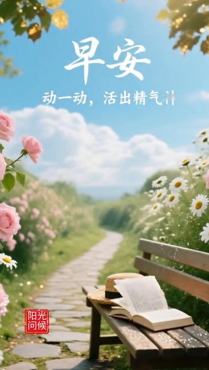 早安。
动一动，活出精气神。阳光，问候，假期快乐。五一，阳光，问候。