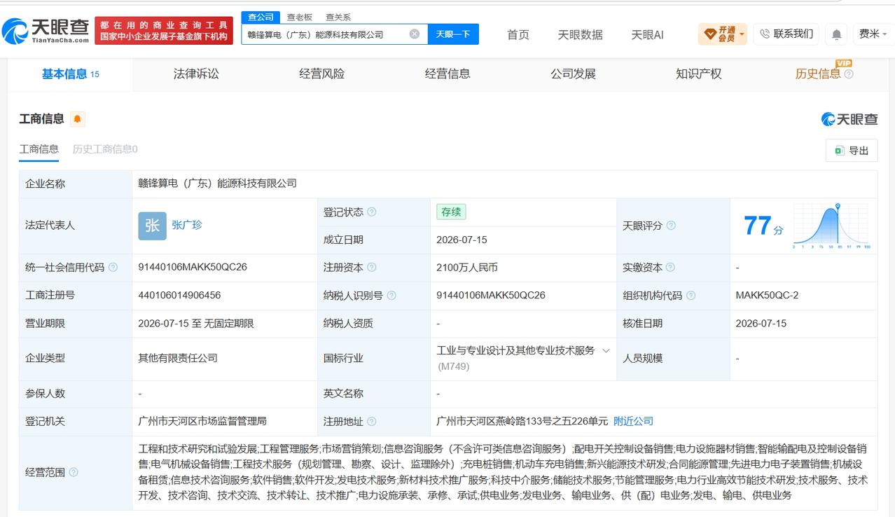 赣锋锂业等在广东成立算电能源科技公司 注册资本2100万
天眼查App显示，近日