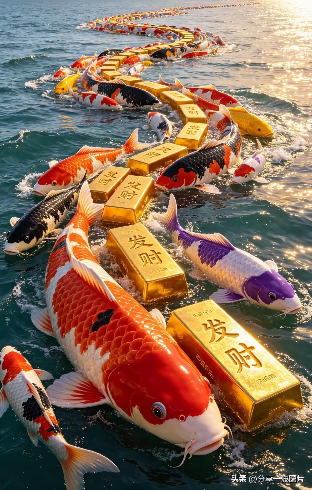 千鲤踏波迎富贵，
万金逐浪入家门。