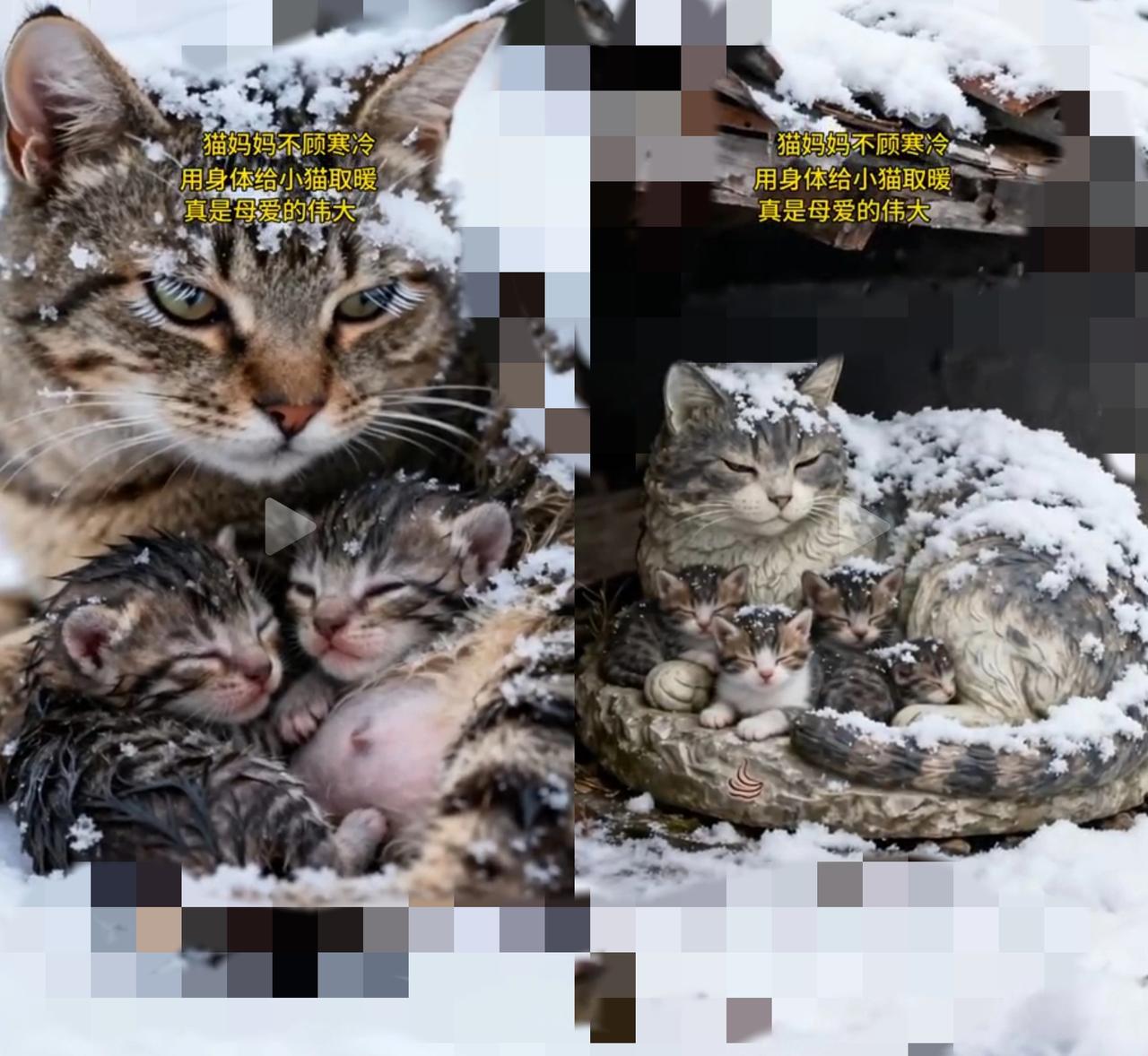 寒风像刀子似的刮脸，流浪猫妈妈却把小猫们紧紧裹在怀里，自己脊背露在冷空气中——这