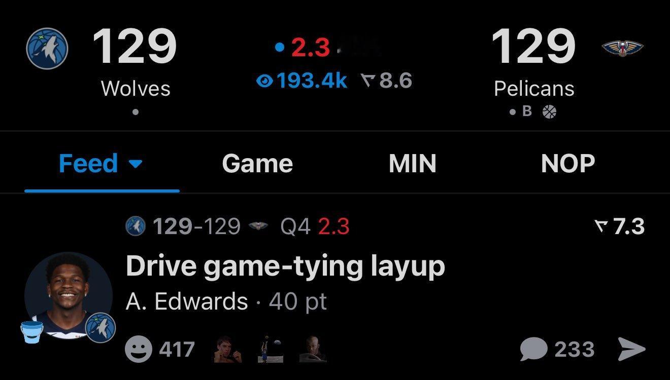 爱德华兹上篮打平，拿到40分，鹈鹕有2.3秒绝杀机会森林狼vs鹈鹕