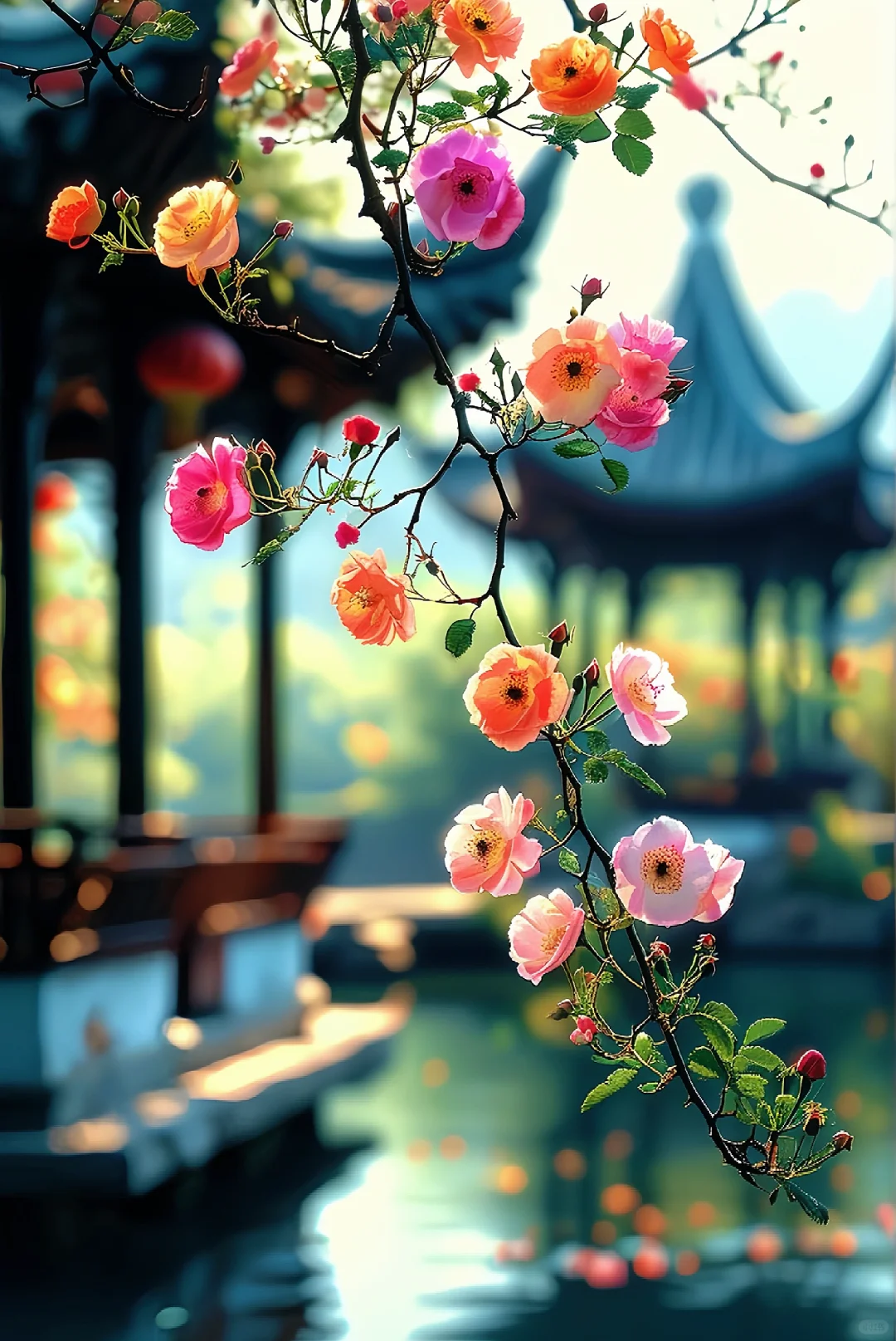 小桥流水旁，古镇花争艳