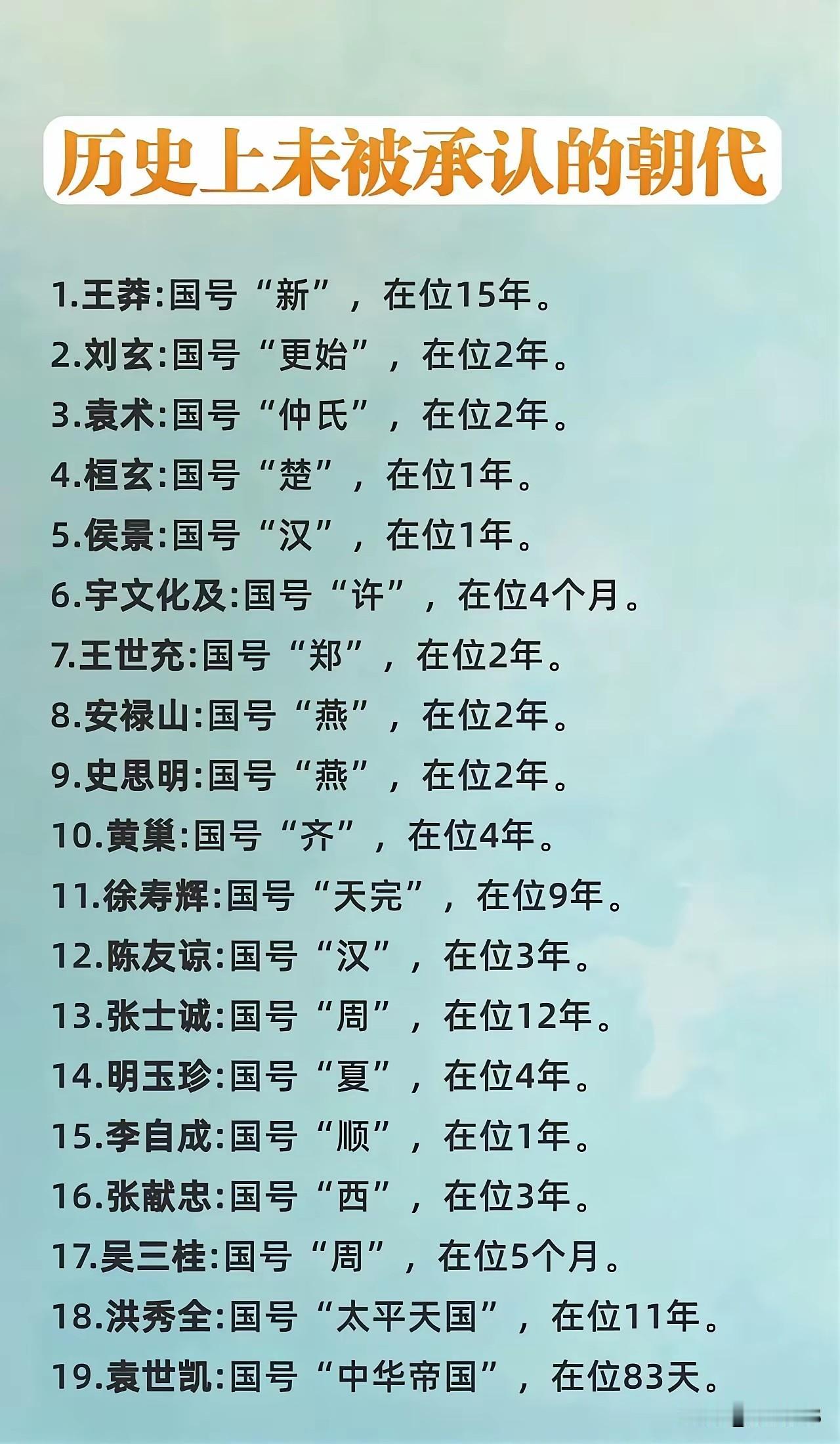不被历史认可的朝代除这19个以外，另外还有3个。
其中就有两晋时期的公孙述（成家
