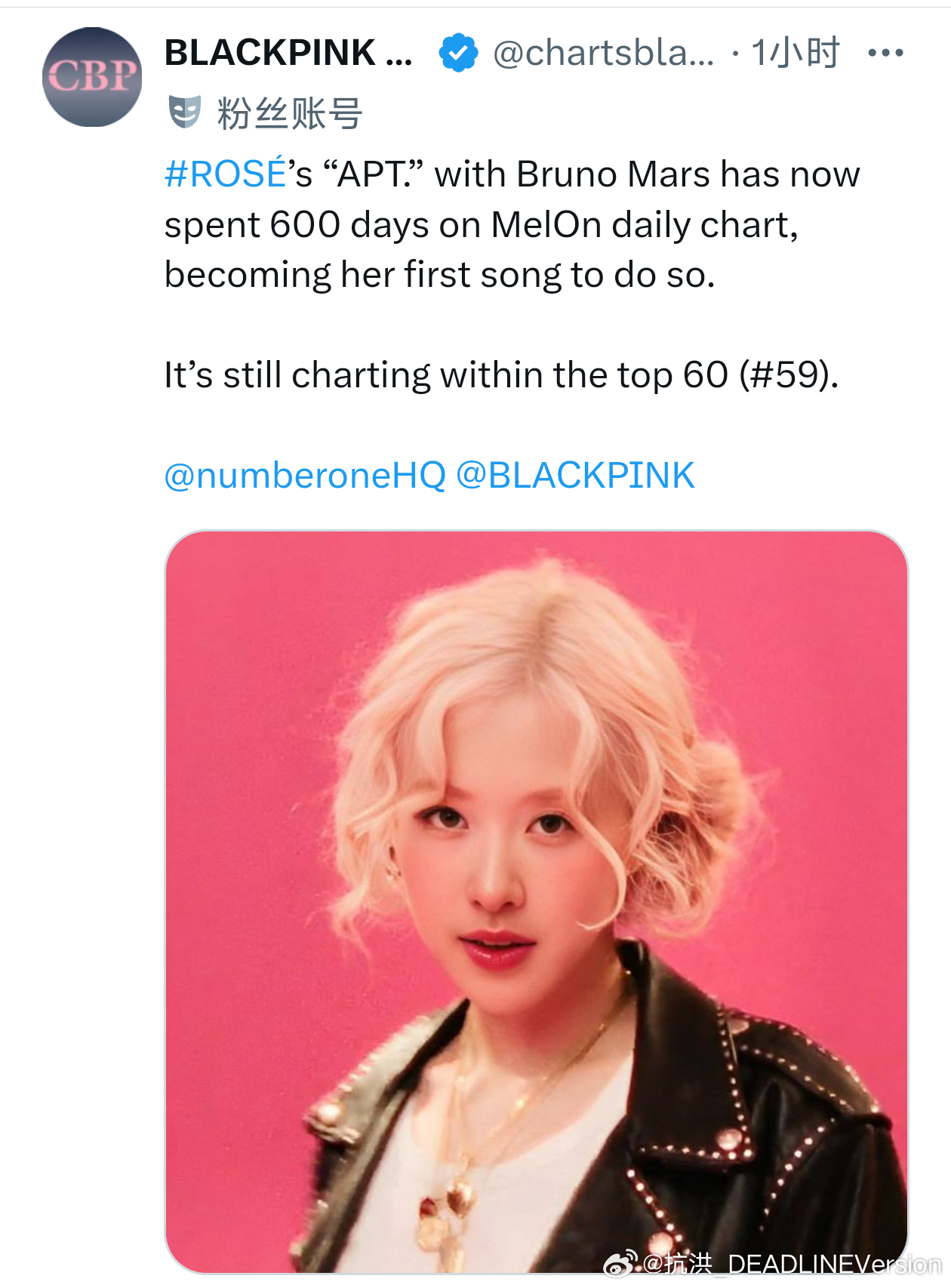 BLACKPINK 「APT.」Melon日榜在榜天数超过600天，成为ROSÉ