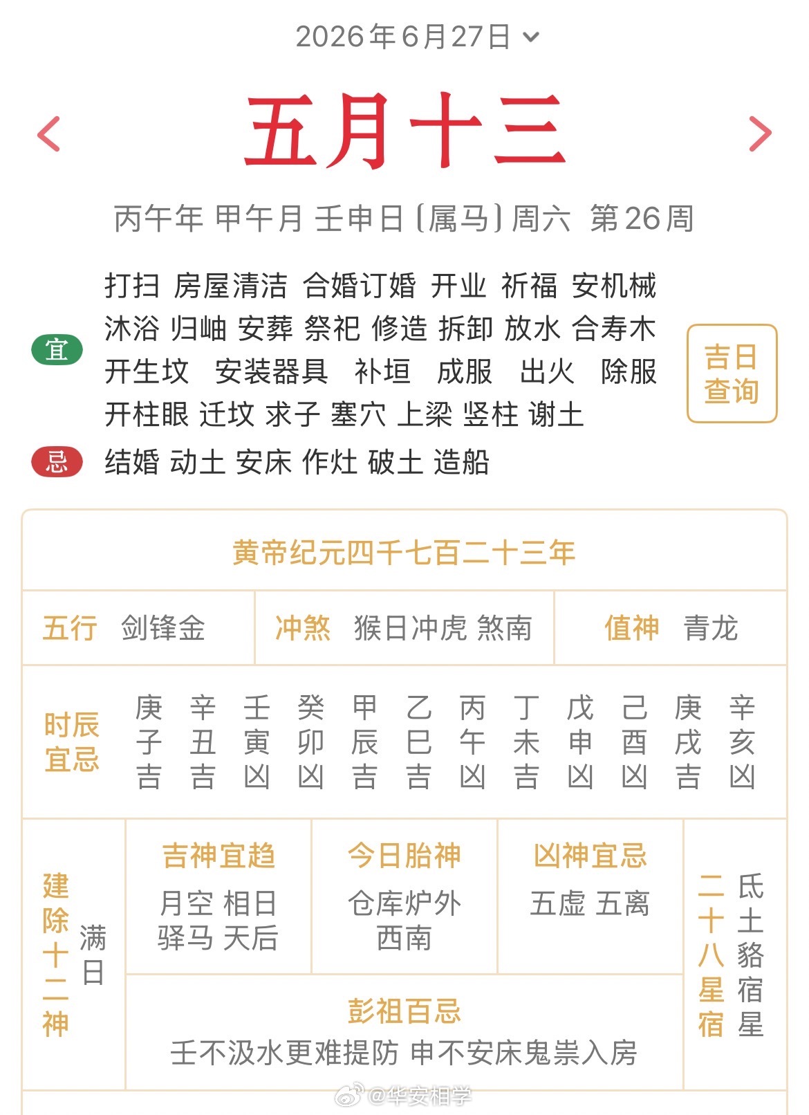 十二生肖每日简运 仅供参考2026.6.27丙午年甲午月壬申日壬申天克地冲丙寅：