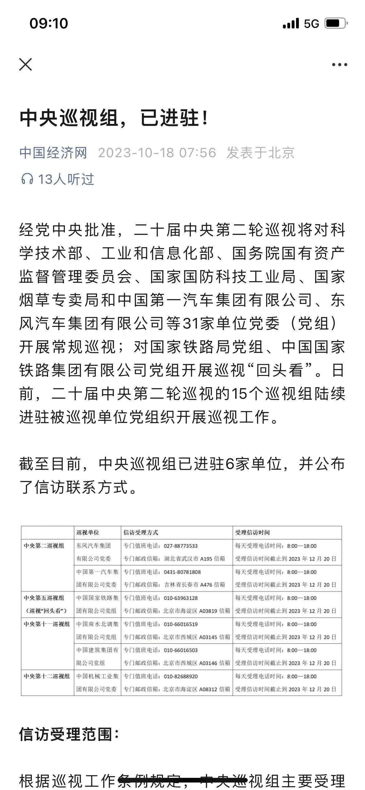 巡视组开始进驻科技部、国资委、一汽、东风汽车… ​​​