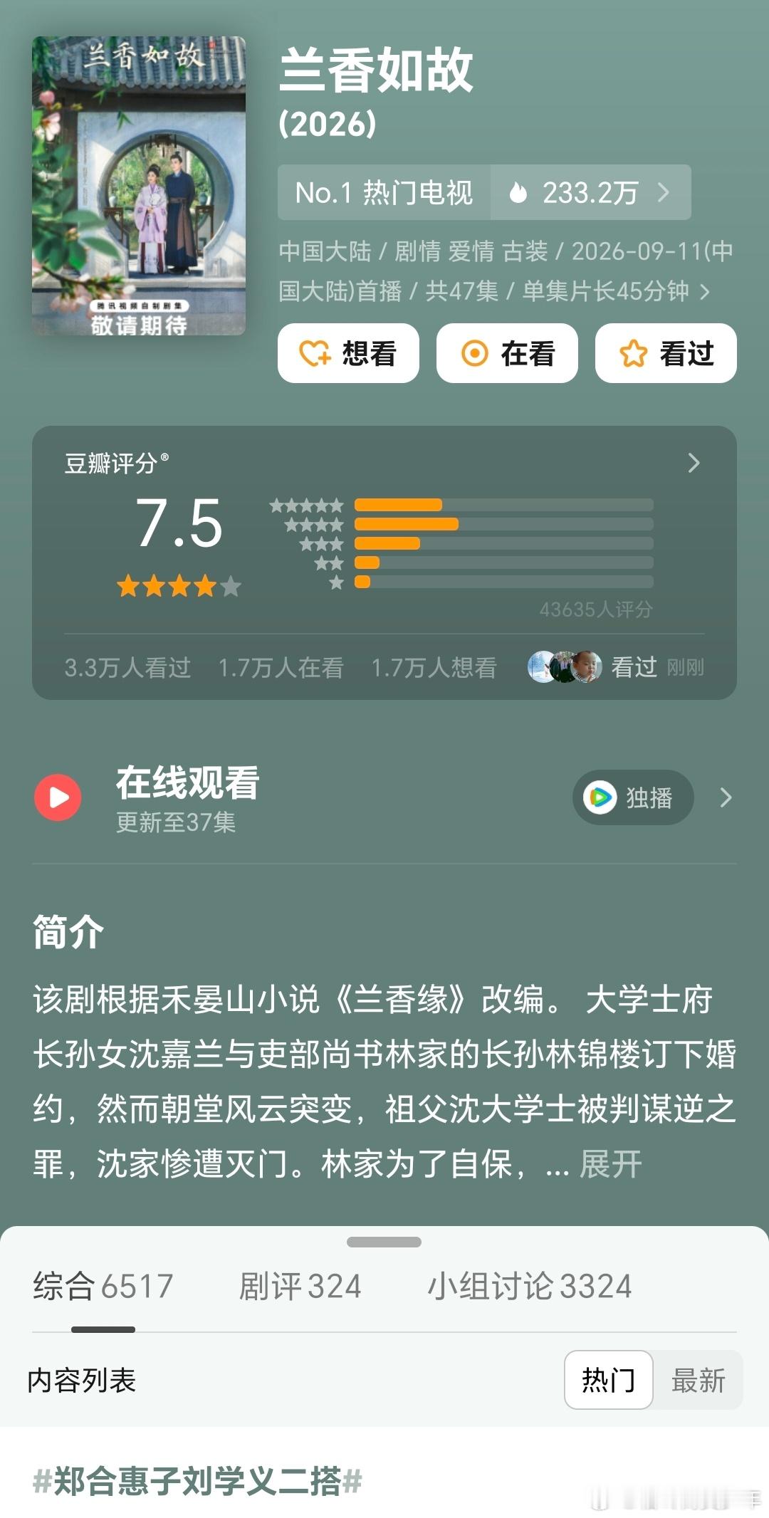 《兰香如故》豆瓣开分7.5，4.3万人打分。不是说热度已经破3.3万了吗？怎么感
