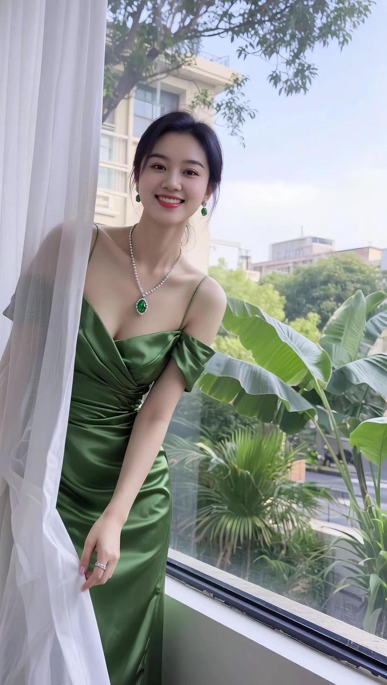 AI绿裙窗边照 随变ai随便玩 随意拍不一样的自己