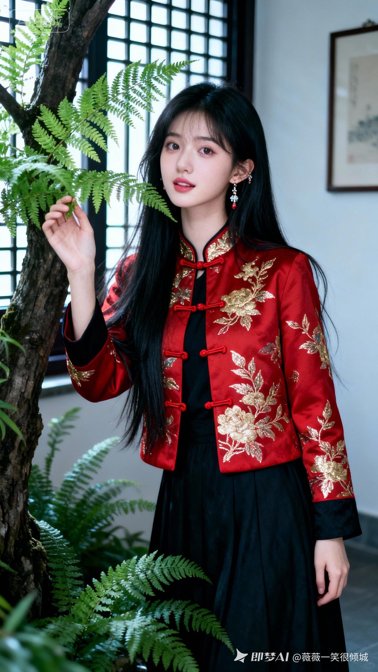 红衣少女与绿植相伴，古典与现代交融的美丽瞬间。