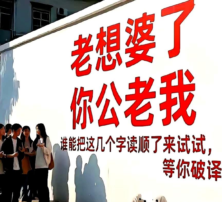 99%的人读第一句就舌头打结！
墙上那八个字“老想婆了你公老我”，据说能一眼顺溜