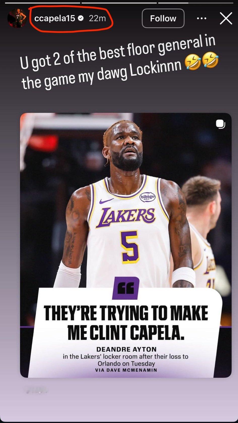 卡佩拉更新ins回应艾顿言论哈哈哈：“你们有两个最好的球场指挥官，专注点吧兄弟?