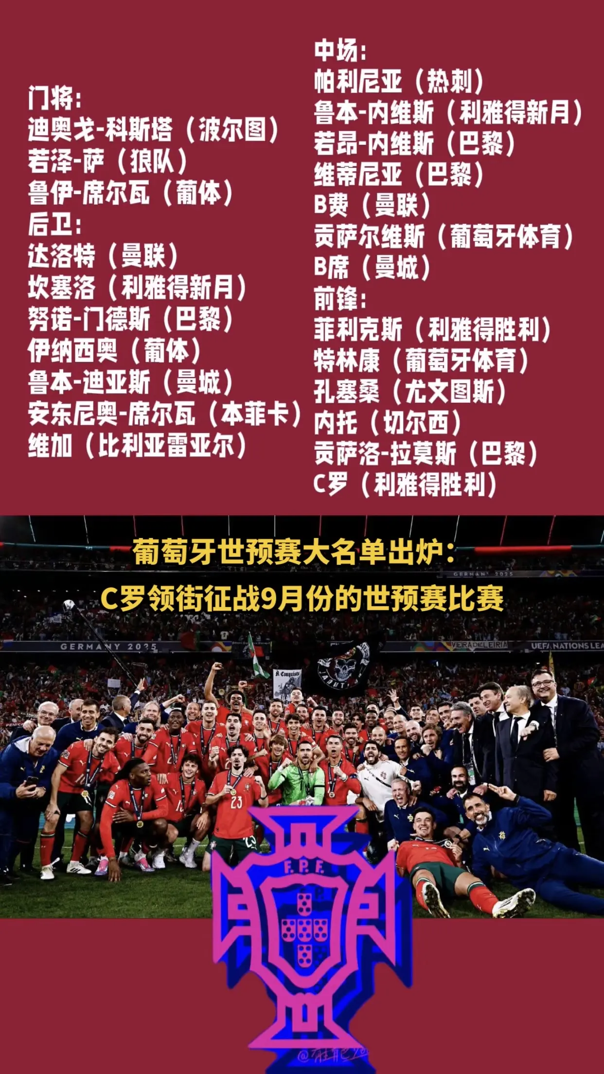 葡萄牙世预赛大名单出炉：C罗领街征战9月份的世预赛比赛