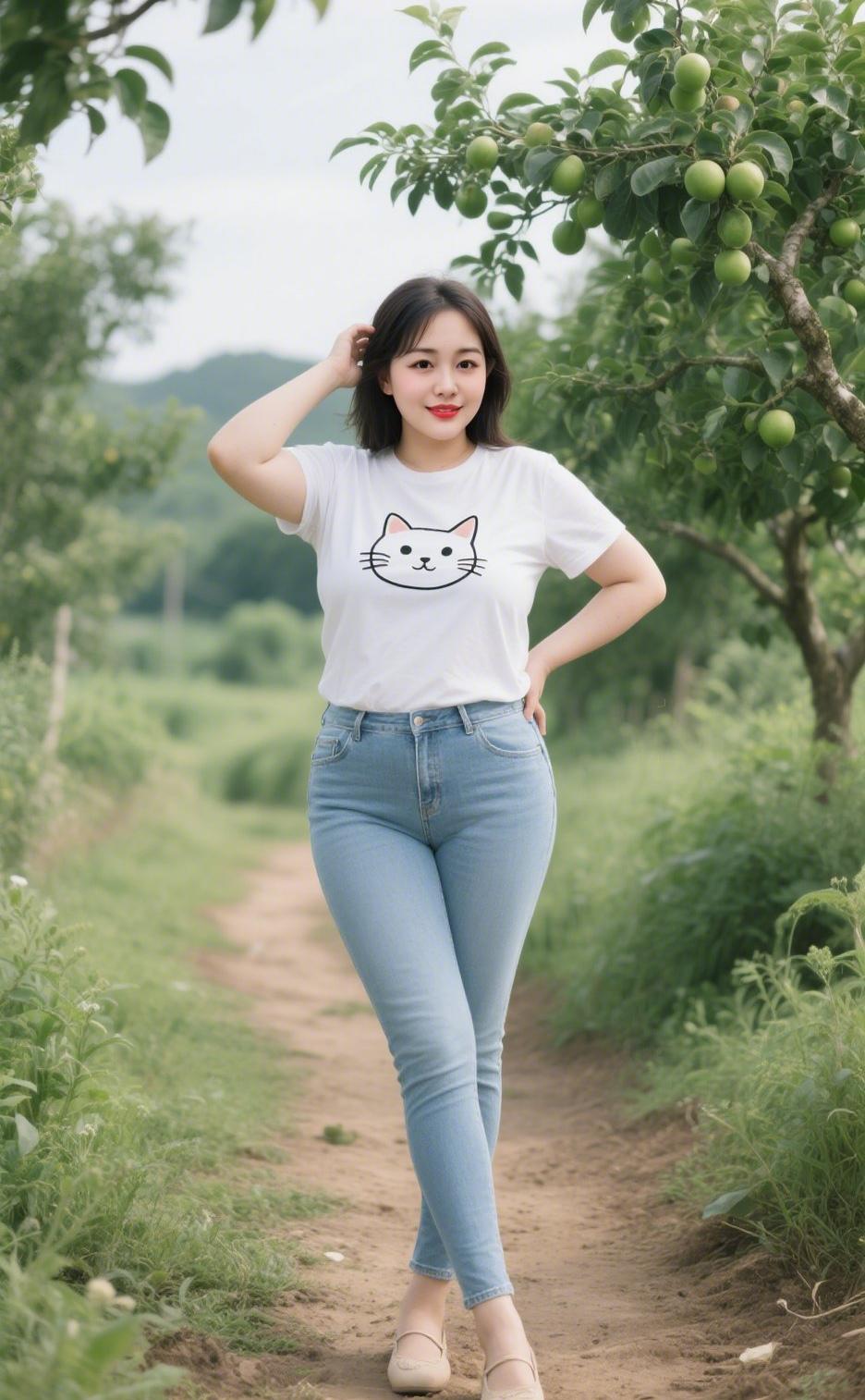 上联：风抚秀发添清韵
下联：果满枝头映笑颜