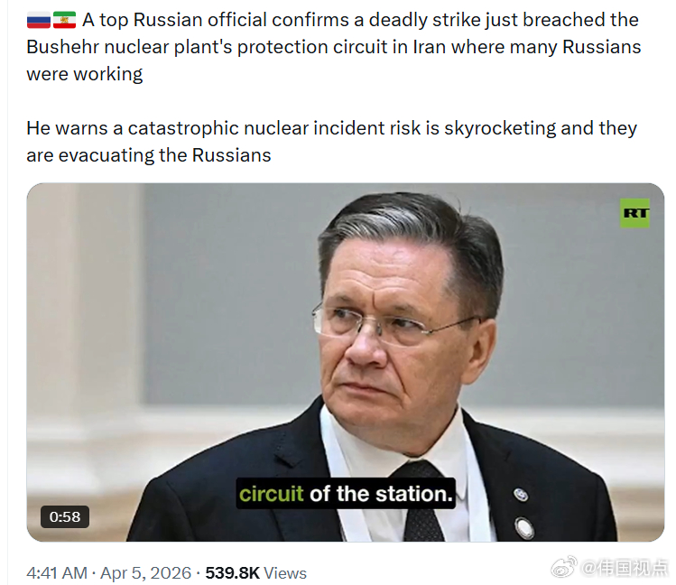 一名俄罗斯高级官员证实，日前一枚弹片击中了伊朗布什尔核电站周边的防护圈，导致该设
