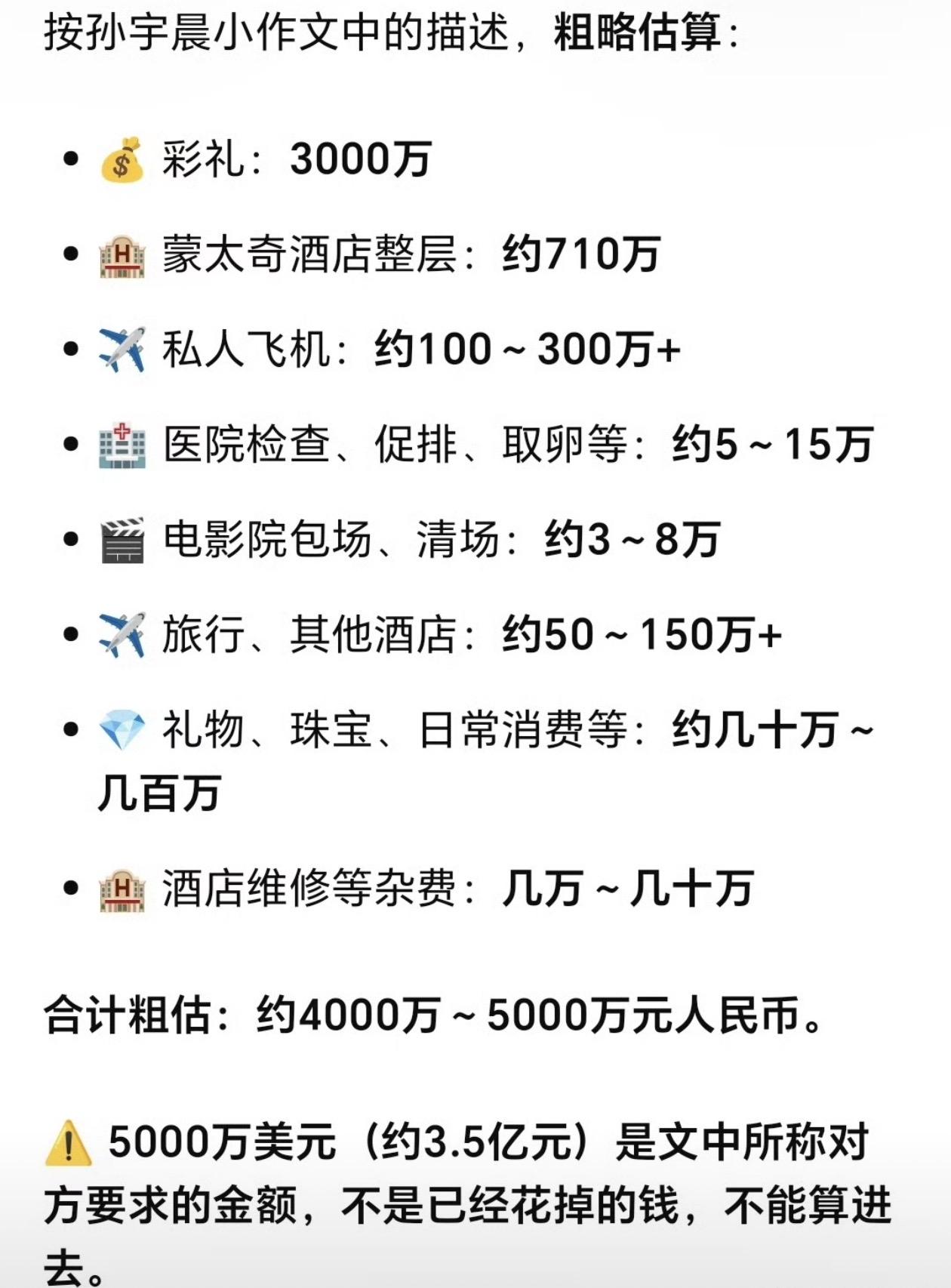 我让ChatGPT根据孙宇晨写的小作文，把提到的所有消费和费用列举了一下。
