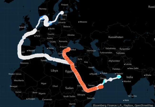 突发新闻：至少有三艘载有俄罗斯原油的油轮表示，印度西海岸的信实工业有限公司炼油厂