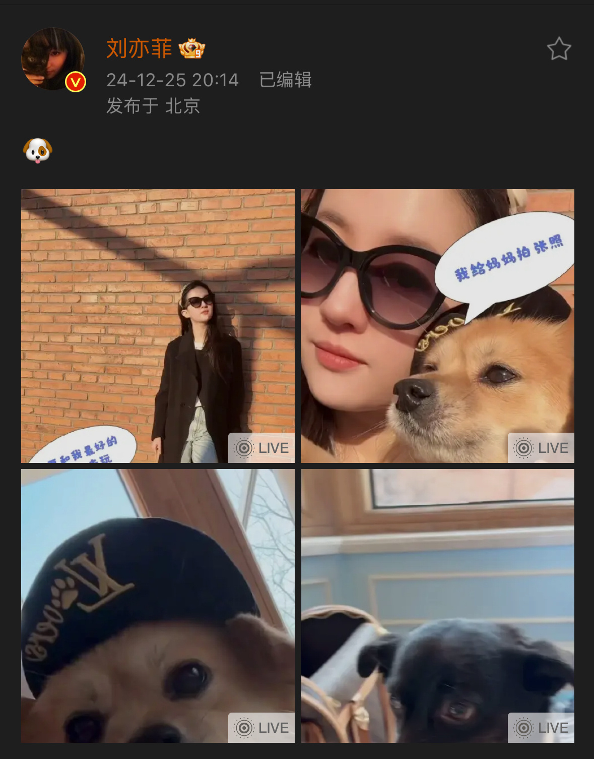 刘亦菲晒狗狗live照  刘亦菲的狗狗好可爱  刘亦菲晒自己养的狗狗的照片了[爱