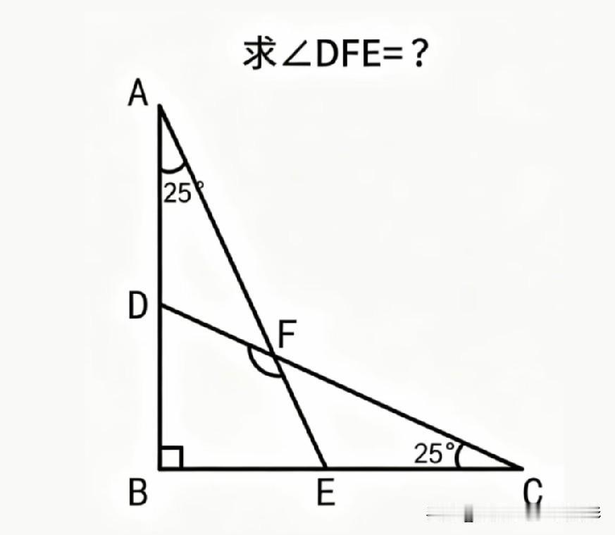 两个25°角加直角，你能算出对顶角∠DFE是多少度吗？这道八字形几何题有没有简便