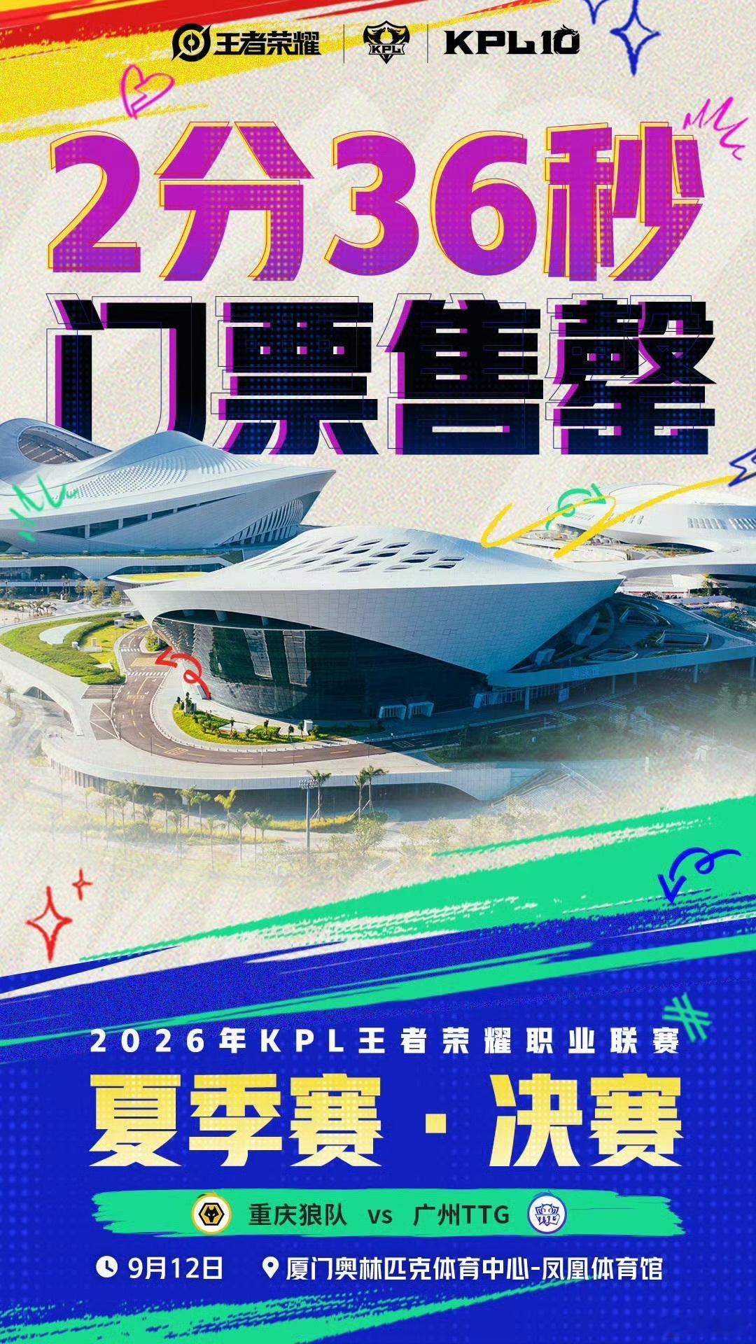 2026KPL夏决门票售罄夏决门票直接秒没！2分36秒就全部抢完，多少人卡点陪跑