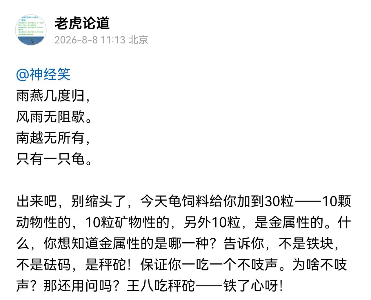 龟龟两天不吃东西了,该怎么办啊?怎么办？就像我对@神经笑 一样，给牠吃10粒秤砣