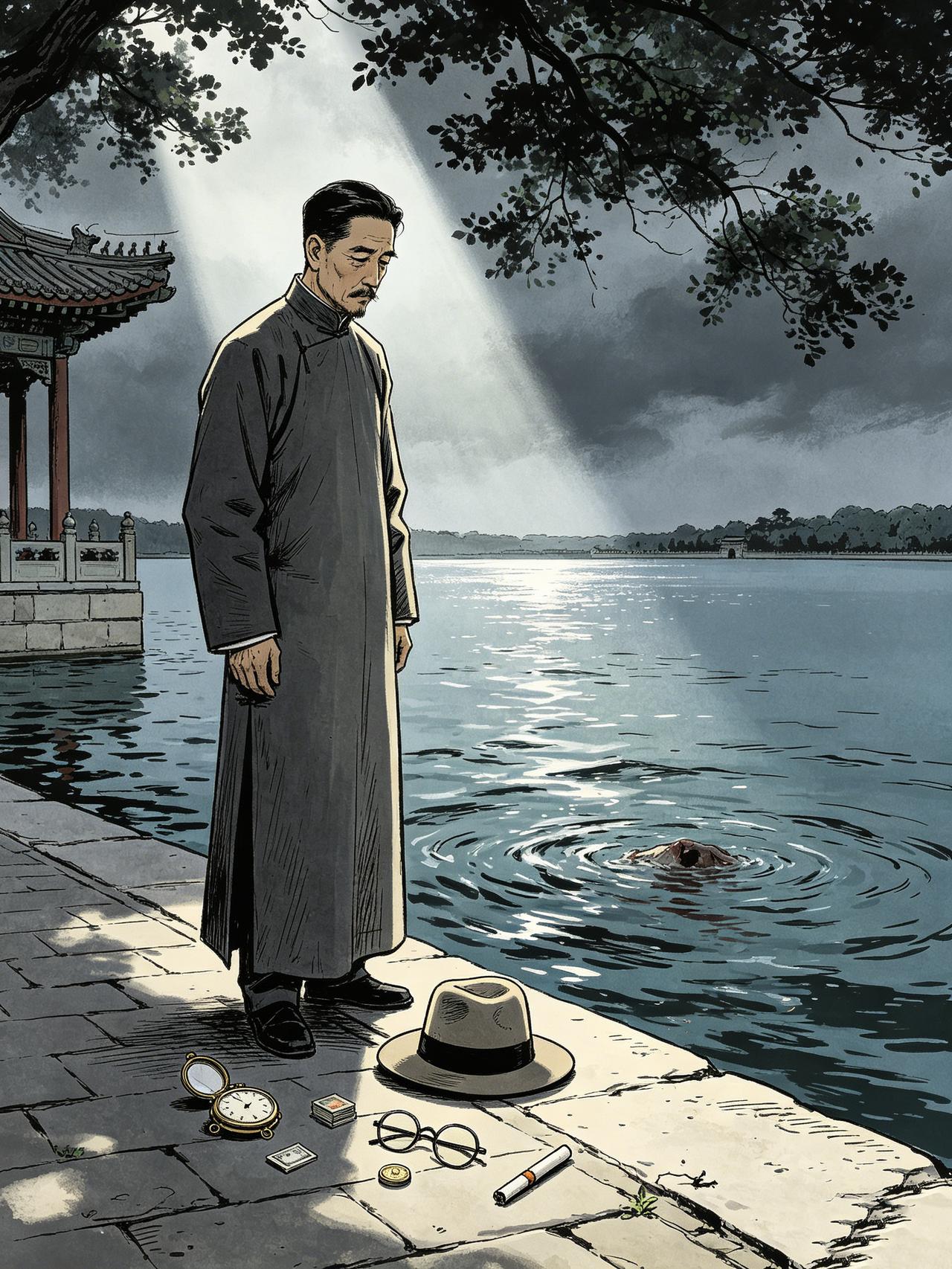 他跳湖之前，把诗稿叠成了方块。

1927年6月2日，北京颐和园。一个老人独自走
