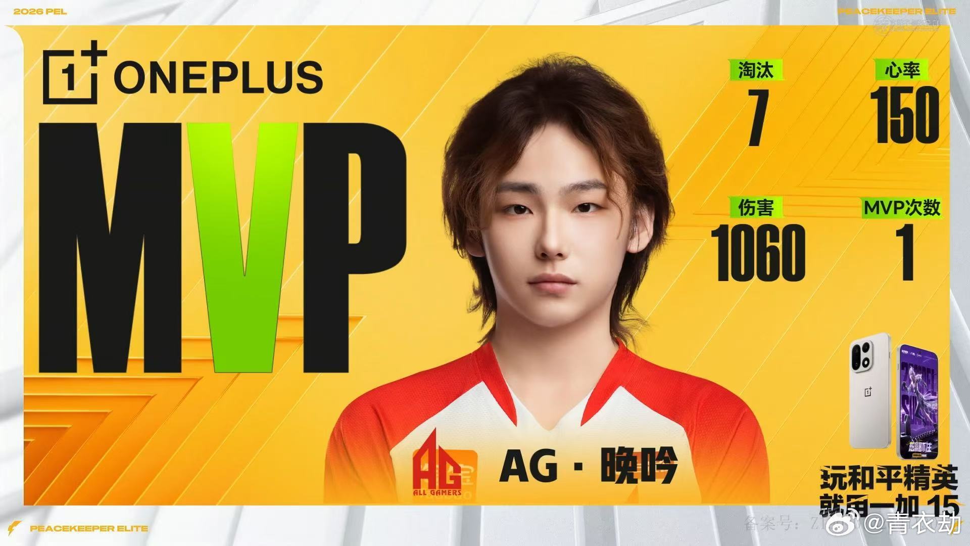 AG晚吟首夺单局MVP晚吟整局比赛节奏在线，不断寻找输出点位撕开对手防线，火热赛