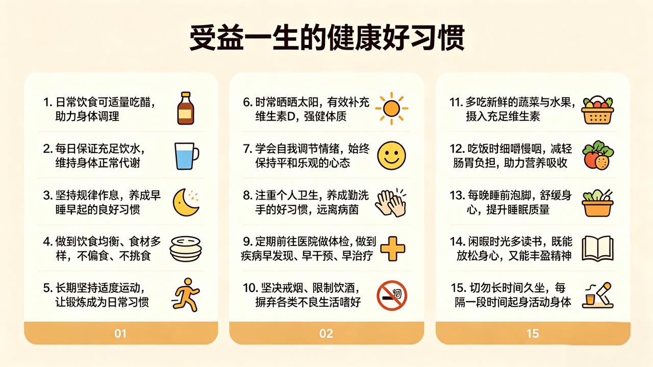 受益一生的健康好习惯
 
1. 日常饮食可适量吃醋，助力身体调理。

2. 每日