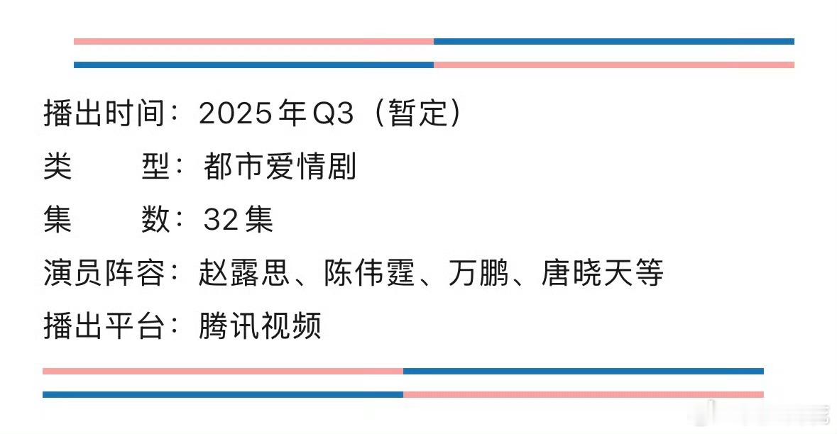 赵露思x陈伟霆许我耀眼 播前招商，目前预排Q3，32集。 ​​​