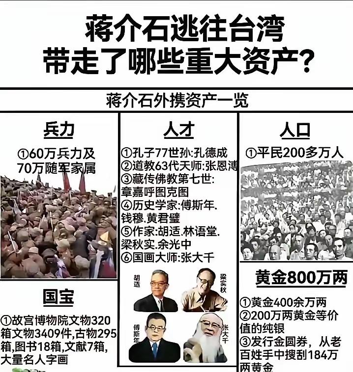 老蒋逃亡宝岛，带走了哪些重要资产？
60万兵力，70万随军家属，200万平民。