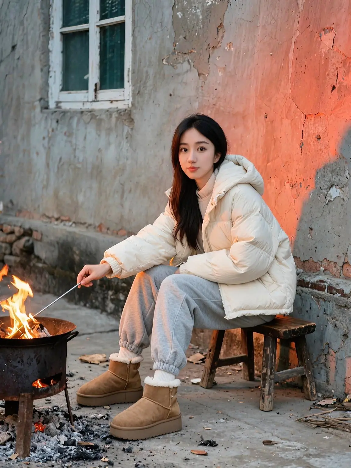 农村烤火 柴火炉 山里姑娘 农村生活