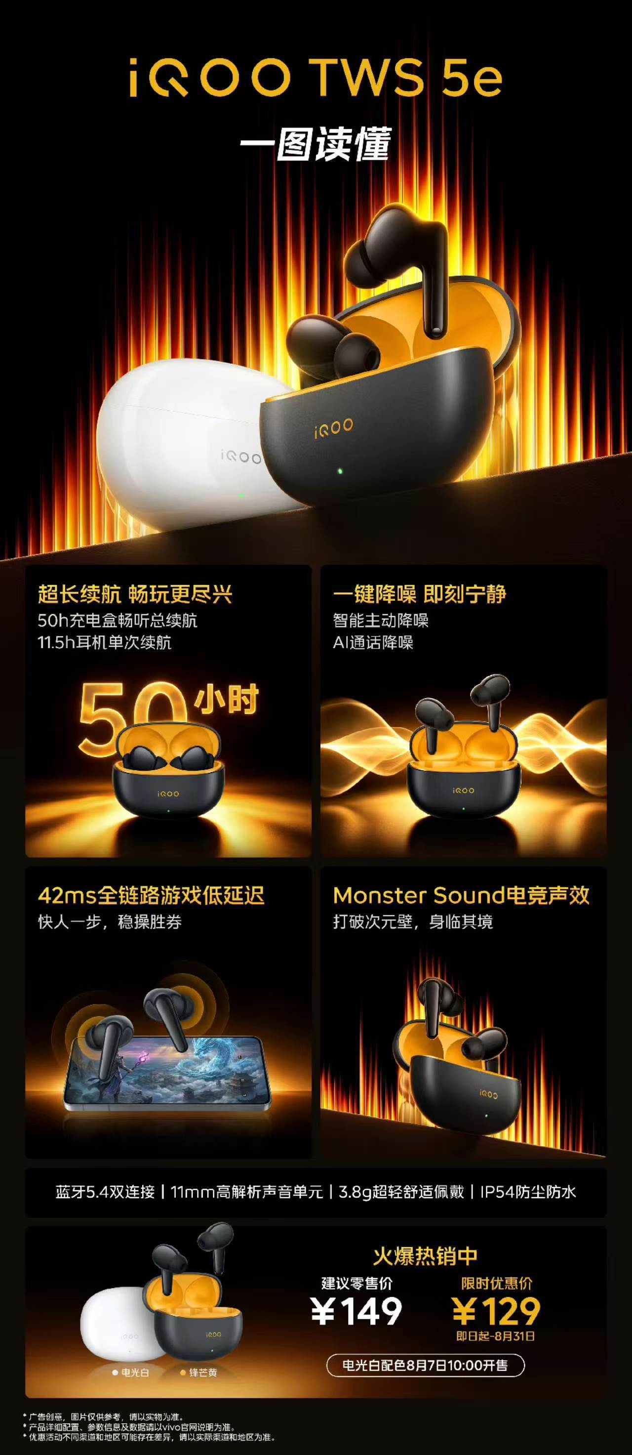 【一图看懂iQOO TWS 5e】①50h超长续航，畅玩更尽兴；②智能主动降噪，