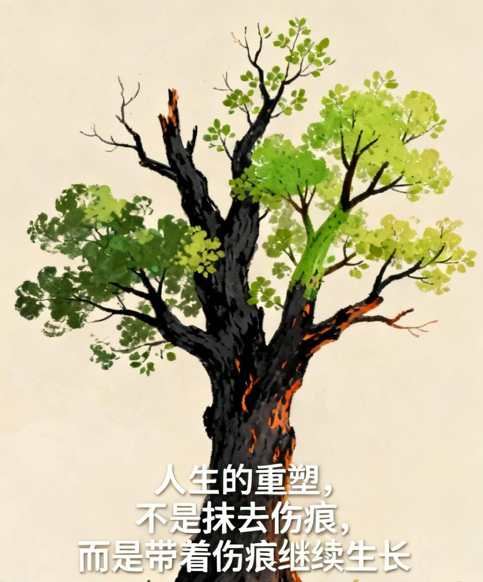 重塑之木
一棵被雷劈中的古树，半边树干焦黑枯死，看似已无生机。可它没有放弃，而是