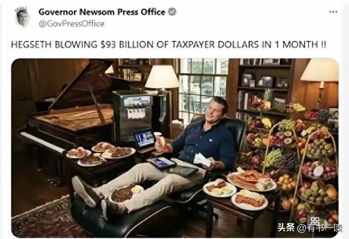 加州州长纽森直接放了张AI生成的“讽刺图”，字字扎心：国防部长躺椅上瘫着，龙虾尾