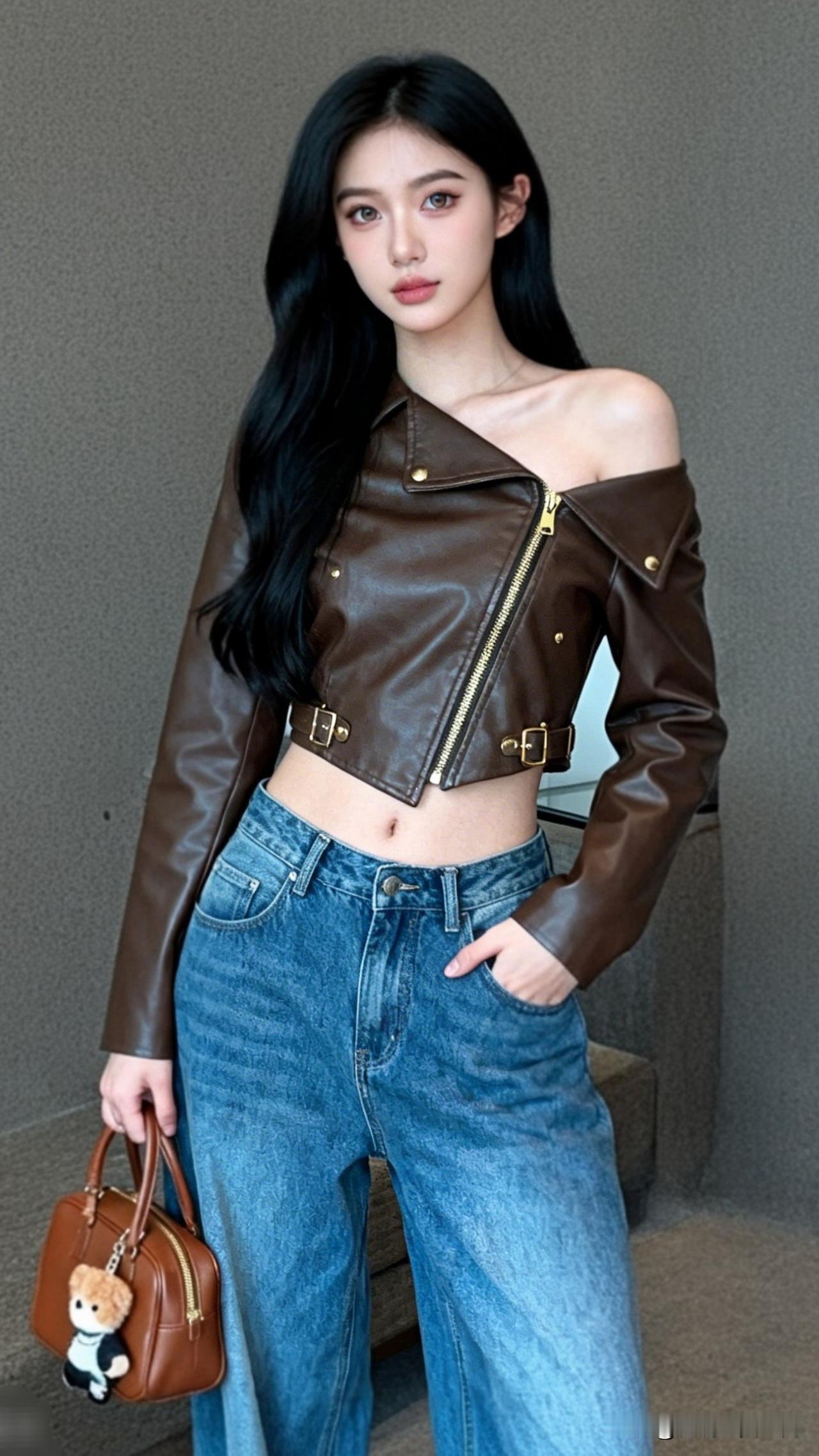 黑发如瀑，风韵犹存。吸引男人的女性魅力是什么 时尚穿搭 棕色皮夹克搭配宽松牛仔裤