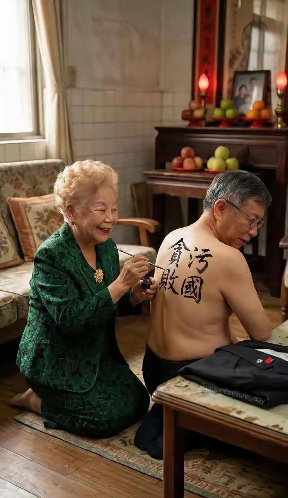 这张图，反映台湾的AI技术不行。为什么不用真实的刺青而用毛笔写？不过，我叫豆包把