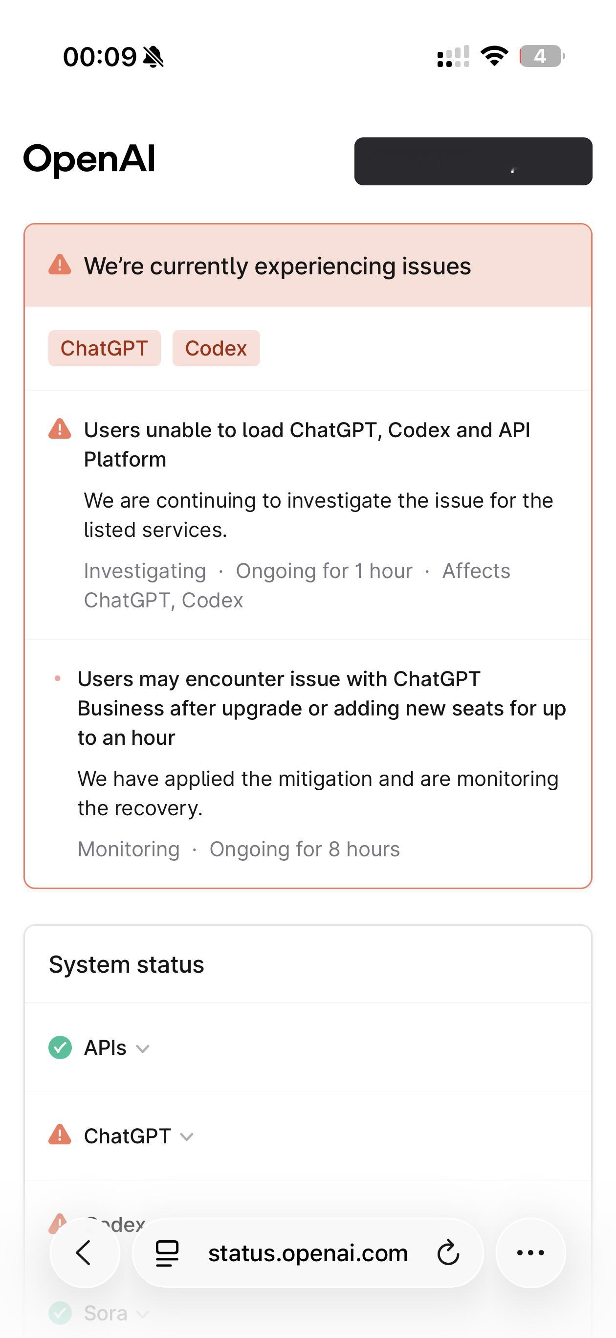 毁灭吧本来一个多小时前只是挂了 ChatGPT 和 codex现在连 API 平