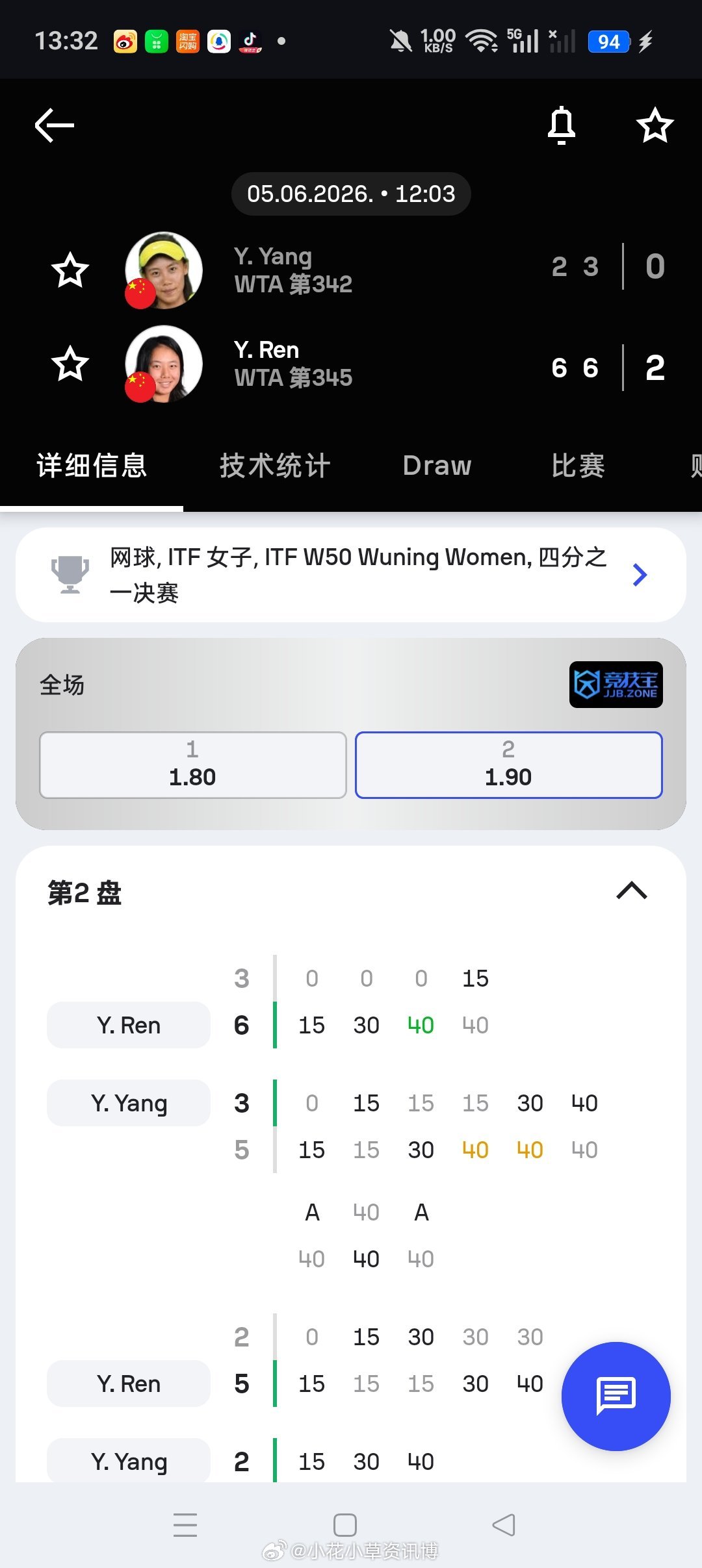 小花小草资讯 【🇨🇳武宁W50】女单四分之一决赛🇨🇳任钰菲6-2/6-3