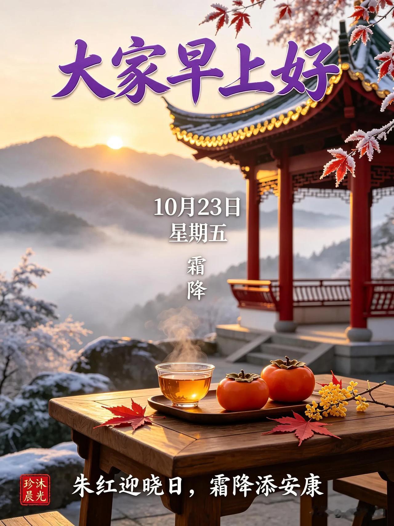 霜降凝清露，柿红伴暖阳，添衣保重，岁岁安康，早安。