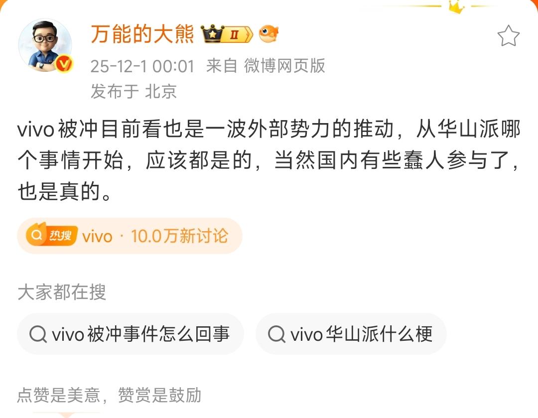 什么情况，大熊老师说vivo被冲是外部势力推动，
我没太理解这所谓的外部势力是什