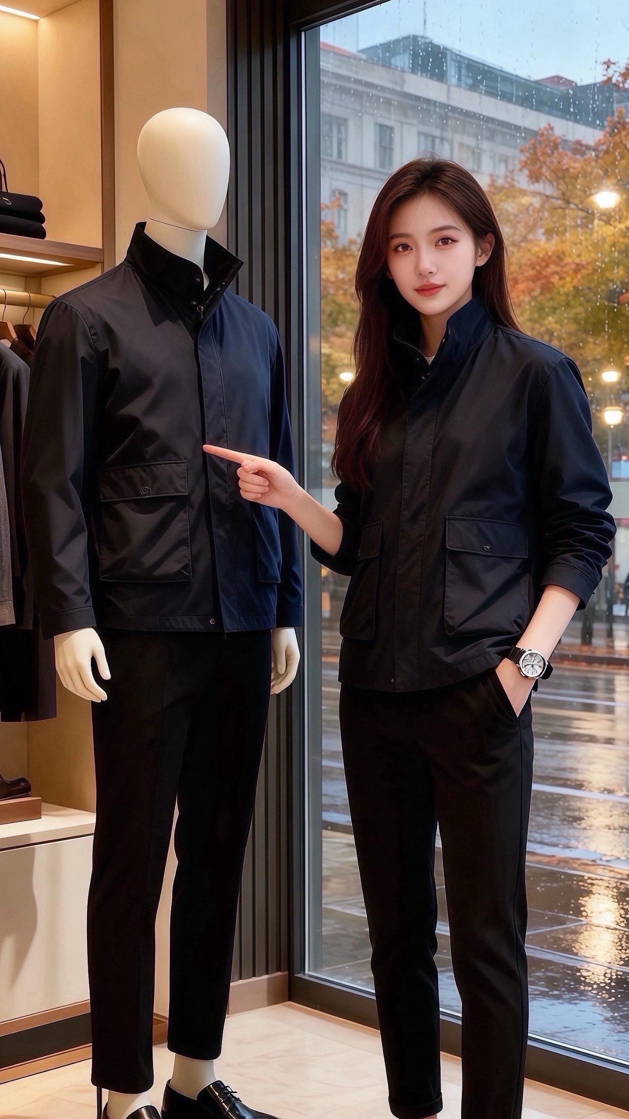 秋雨裹着梧桐叶打湿橱窗时，苏念正倚在男装店的衣架旁，指尖掠过一排西装领...