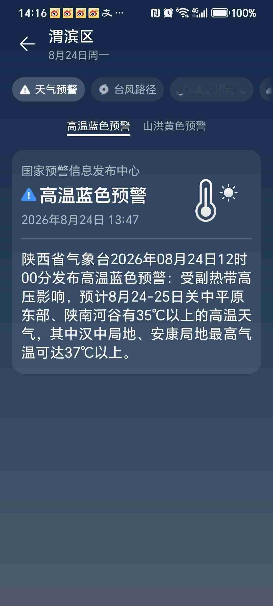 昨天晚上后半夜的一场雨，并没有缓解这高温天气，今天依旧是高温天气，还收到高温蓝色