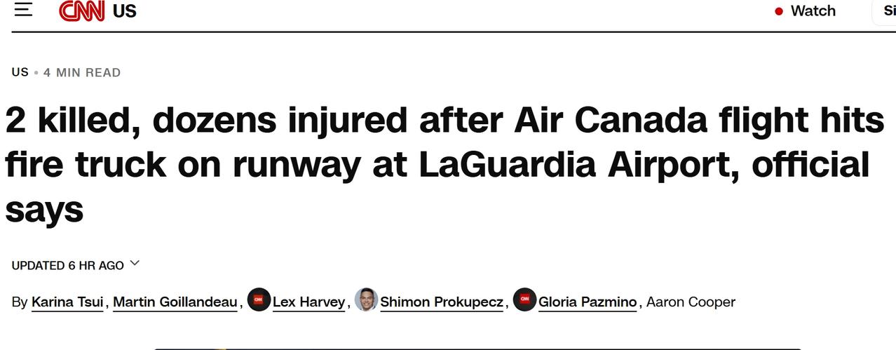 加拿大航空飞机在美国机场跑道撞上消防车，2名飞行员死亡，数十人受伤
当地时间周日