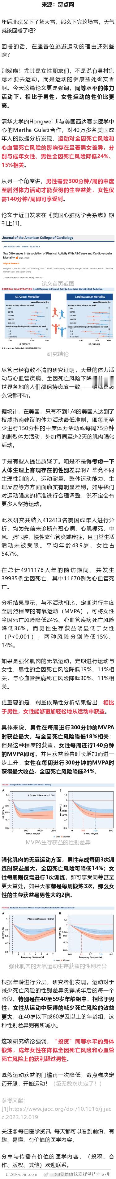 JACC：女人运动，事半功倍！41万人研究发现，女性运动与全因死亡风险降低最多2
