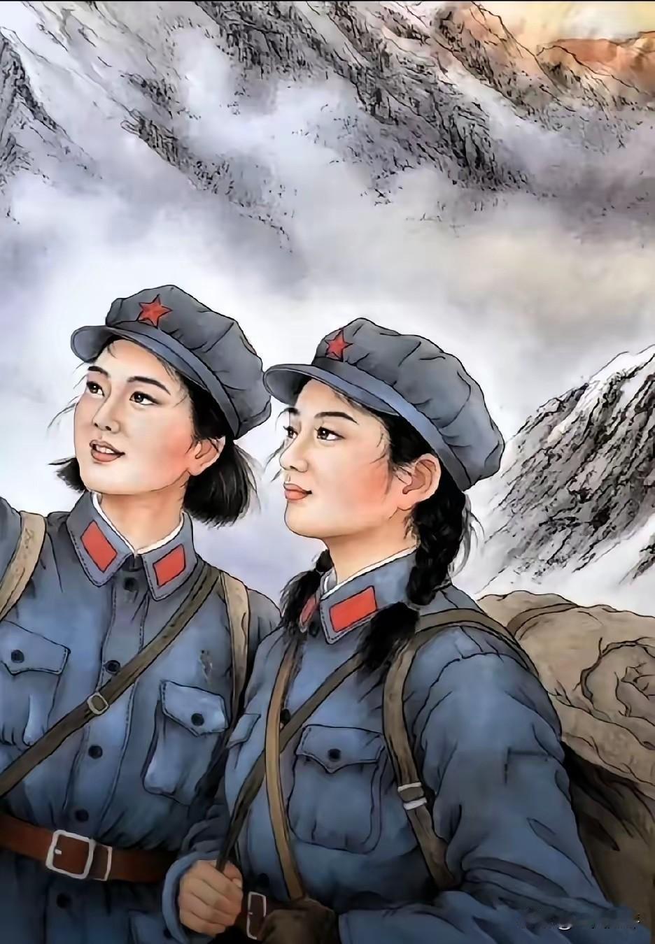 【这才是我们欣赏🉐来的“女红军”】
背景是高耸入云的雪山，女红军战士驻足凝望，