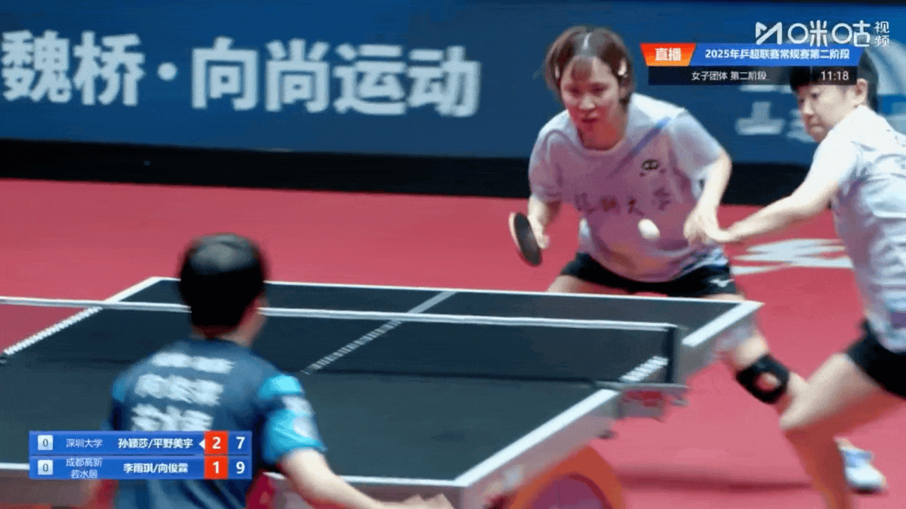 孙颖莎极限步伐  乒超第二阶段第一场比赛，孙颖莎搭档平野美宇出战对阵成都高新若水