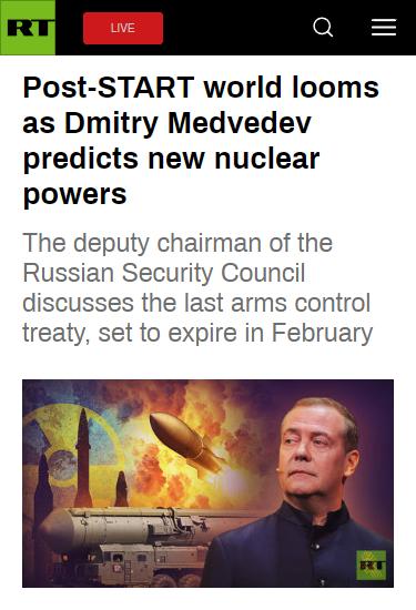 新闻快讯——【后《新削减战略武器条约》时代临近，俄高官警告核扩散风险】
 
俄罗