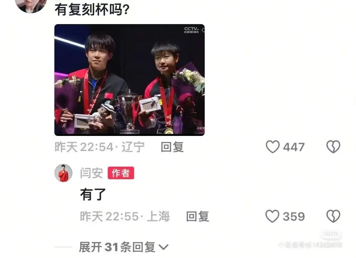 是的你们没看错，复刻杯有了！我们申请下来了[太阳]王楚钦孙颖莎混双世排第二孙颖莎