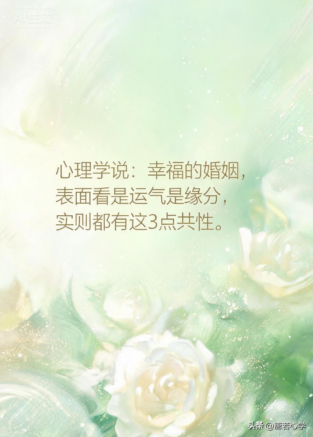 心理学说： 幸福的婚姻，表面看是运气是缘分，实则都有这3点共性。

诚然，我们总