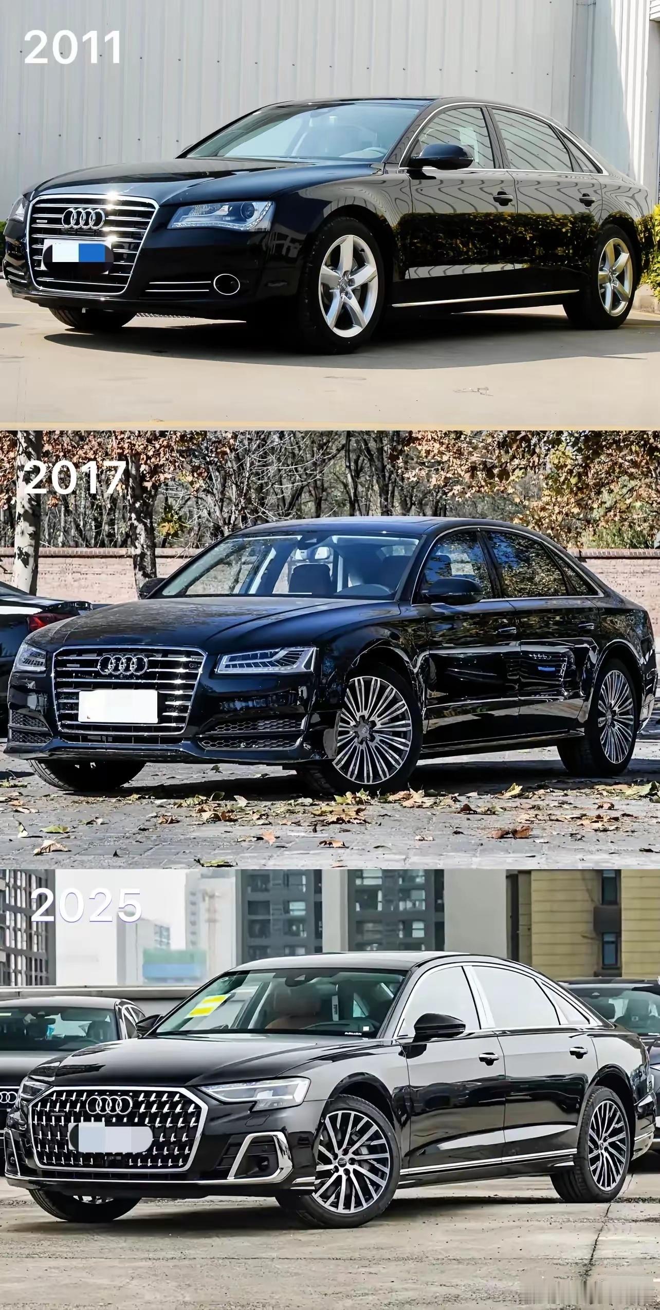 老A8也是A8，2011、2017、2025款奥迪A8L的正面和背面，改成了贯穿