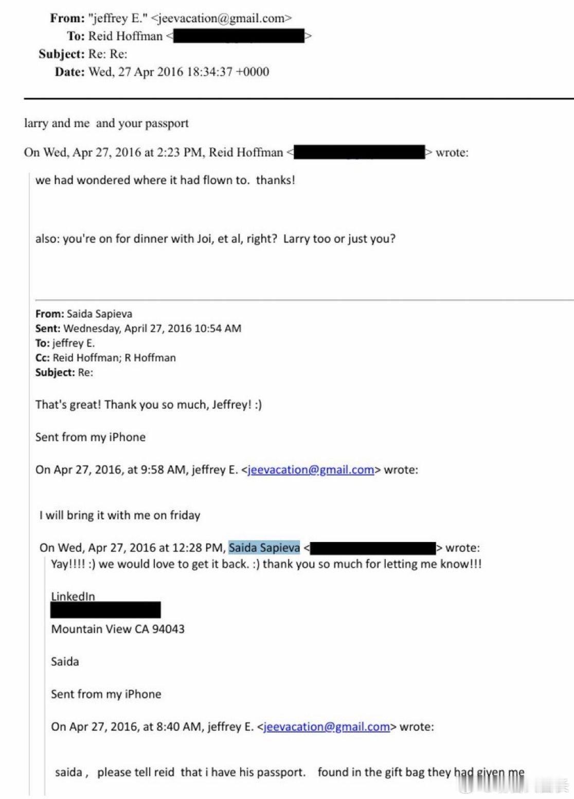 美国司法部文件显示，领英（LinkedIn）亿万富翁里德·霍夫曼的护照曾落入杰弗